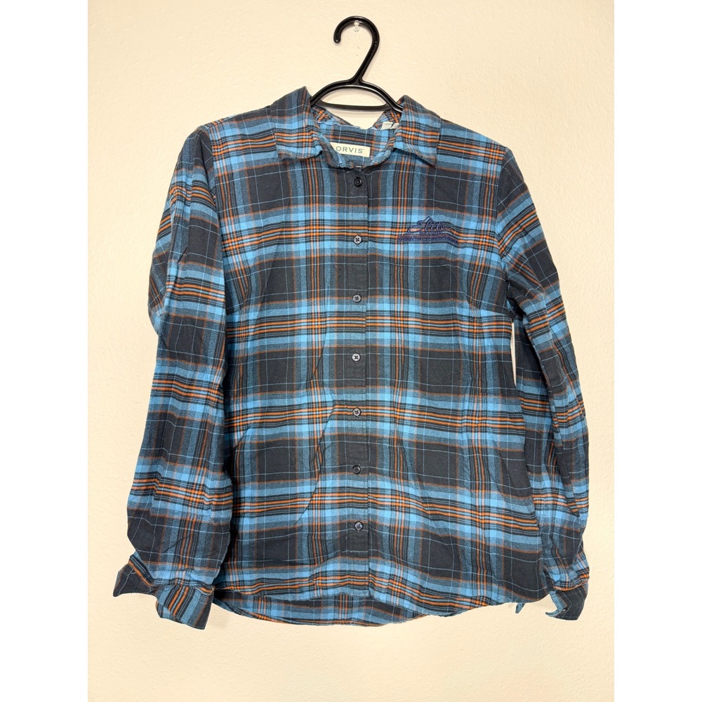Orvis Womens Flannel Medium Blue Orange Plaid Elite Brands Logo Long Sleeve